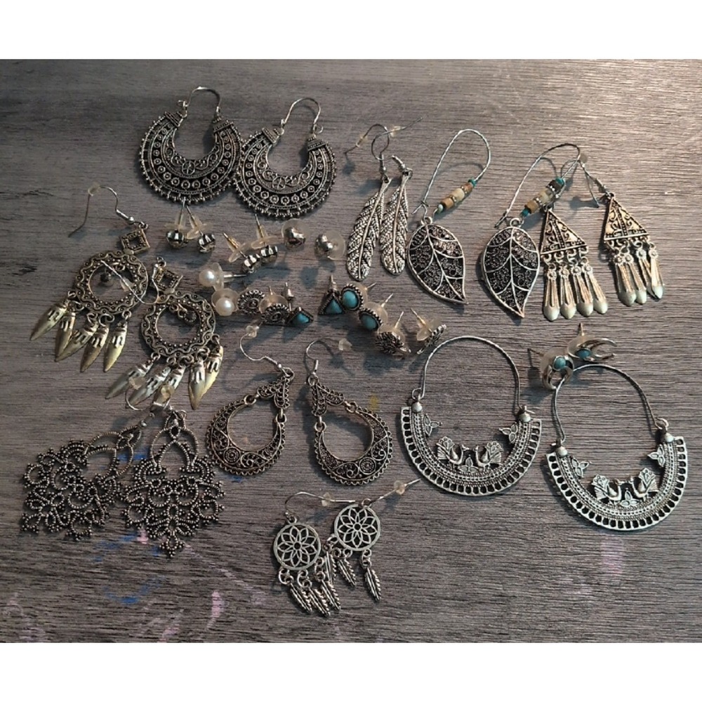 Boho Silver Tone Earring Bundle 13 Pairs Filigree Chandelier Hoop Stud Set